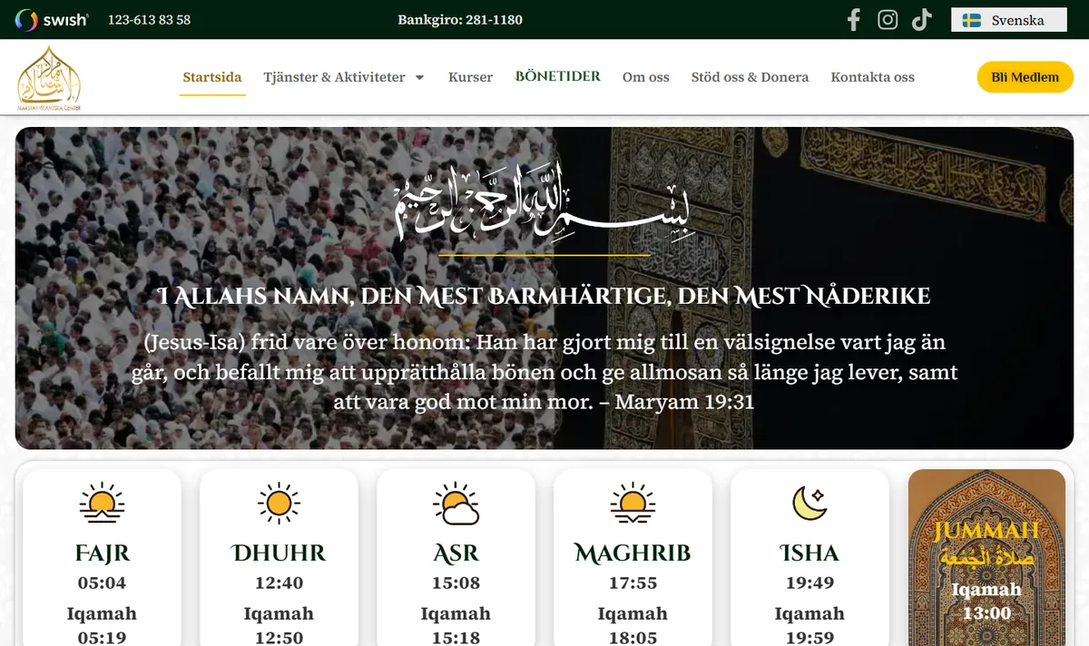 MIC Islamic Centre website homepage with daily prayer times