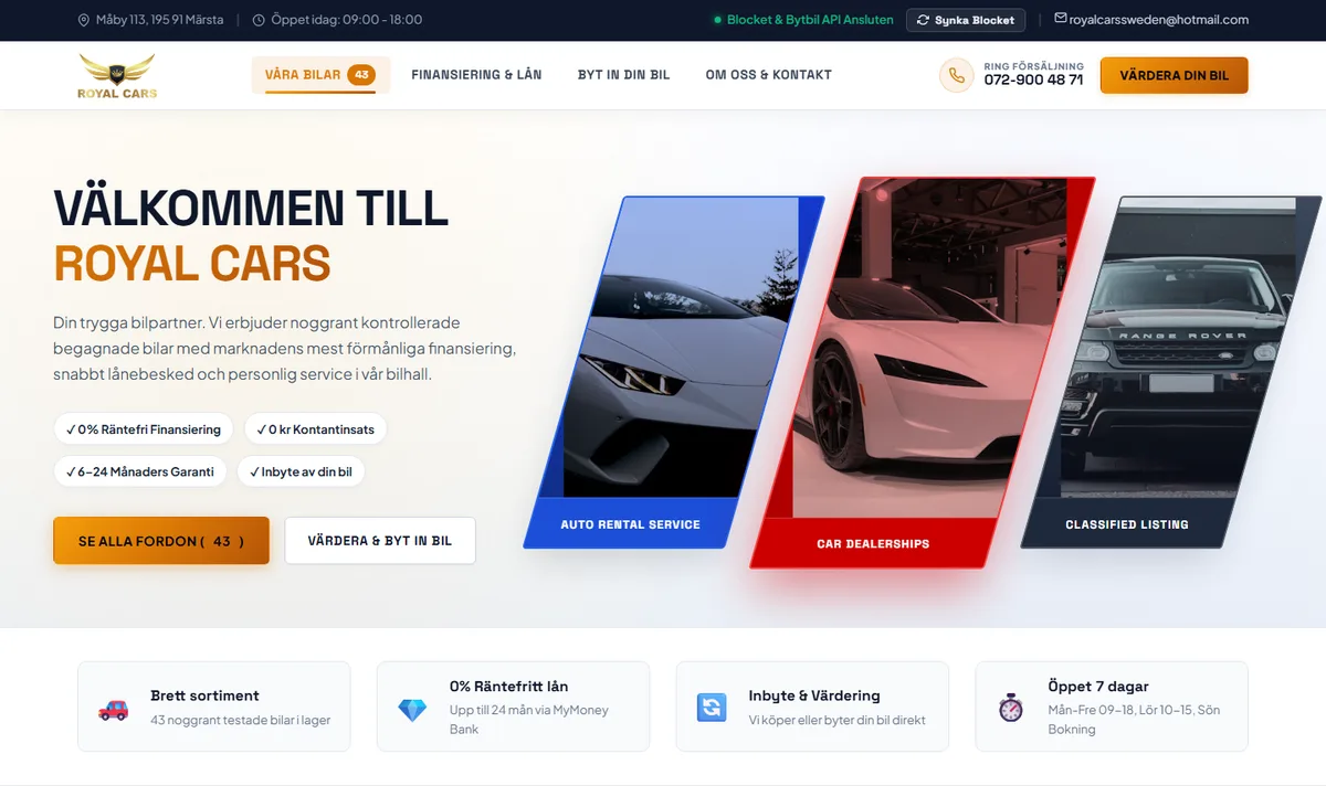 Royal Cars car dealership homepage